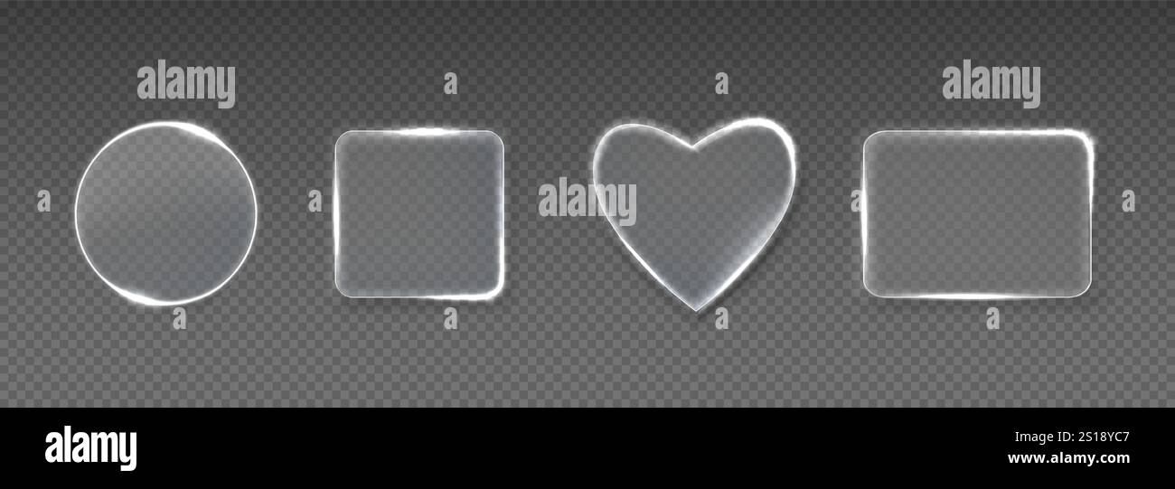 Cornice in vetro al neon con forme geometriche luminose - bordi trasparenti con cerchio luminoso, quadrati e contorno del cuore. Le caselle di testo traslucide o i banner dei titoli illuminano gli effetti decorativi. Illustrazione Vettoriale