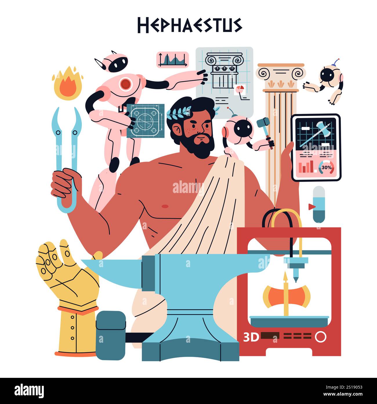 Olympic Gods Synergy intelligenza artificiale. Hephaestus unisce l'artigianato tradizionale alla tecnologia moderna. L'antica divinità incontra l'innovazione futuristica. Illustrazione vettoriale. Illustrazione Vettoriale