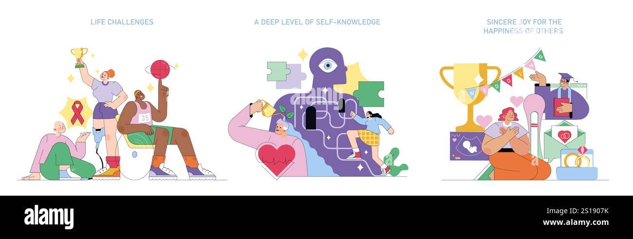 Valori umani stabiliti. Le illustrazioni illustrano il superamento delle sfide della vita, il percorso di autoconsapevolezza e la celebrazione del successo degli altri. Persone diverse, crescita personale, empatia. Illustrazione vettoriale. Illustrazione Vettoriale