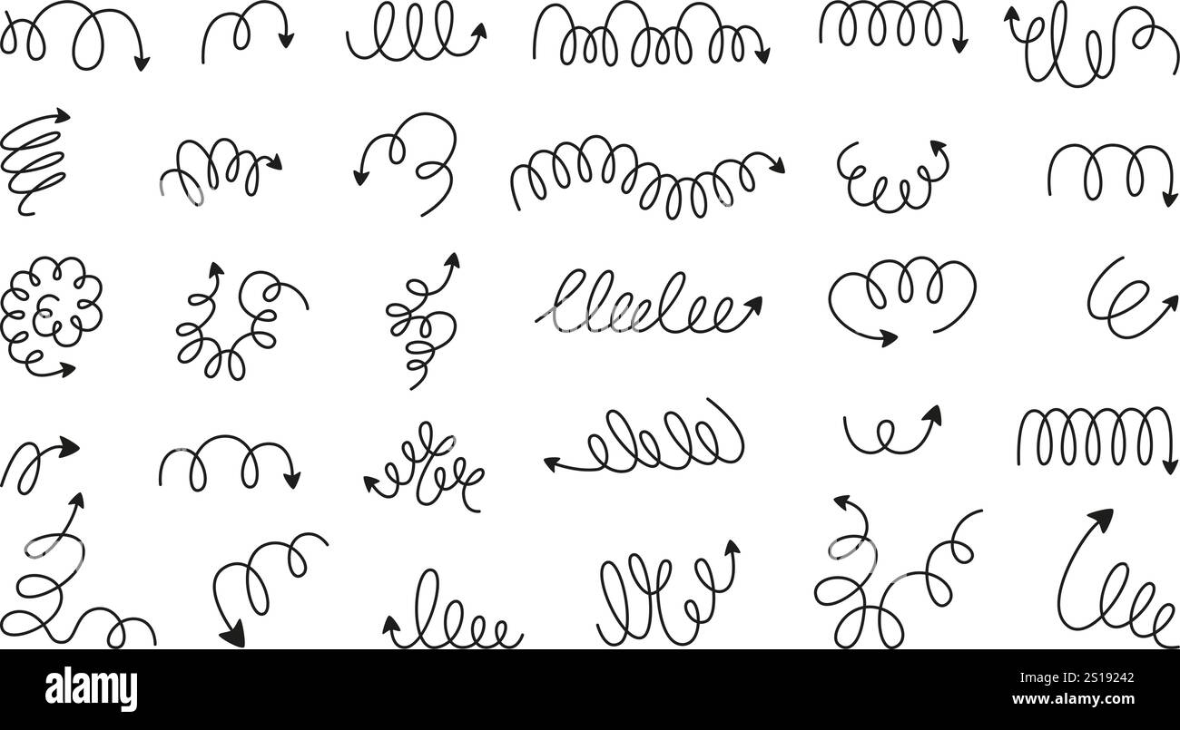Frecce a spirale Doodle. Molle flessibili, simboli di direzione disegnati a mano. Freccia finale delle bobine di metallo nero. Linee di turbolenza e corse isolate, neoteriche Illustrazione Vettoriale