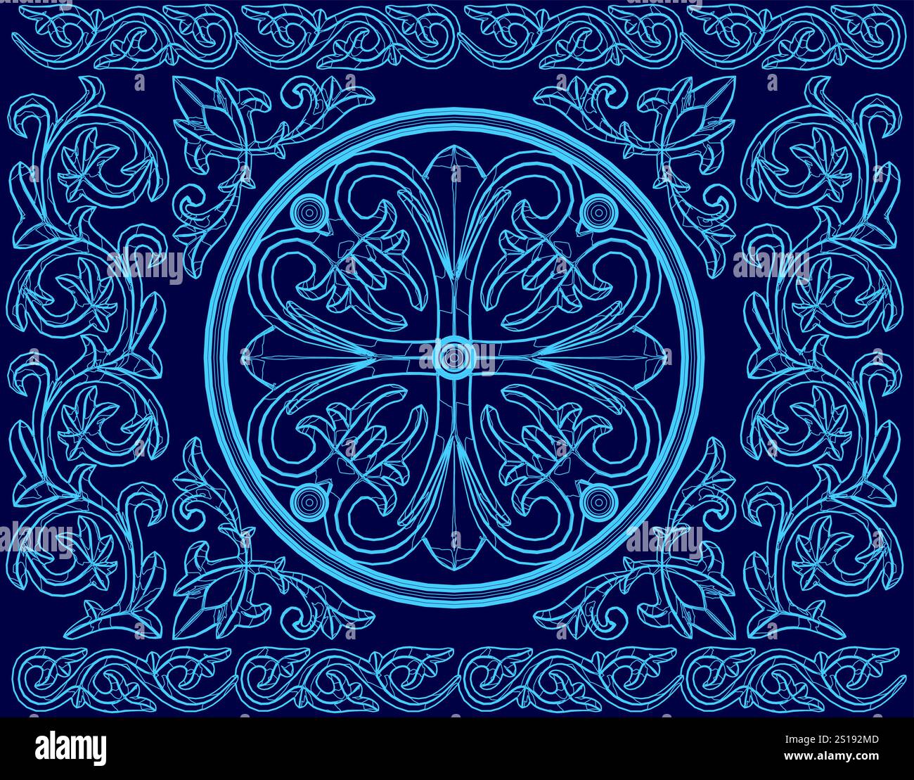 Design blu con un cerchio blu al centro. Il cerchio è circondato da quattro cerchi più piccoli Illustrazione Vettoriale