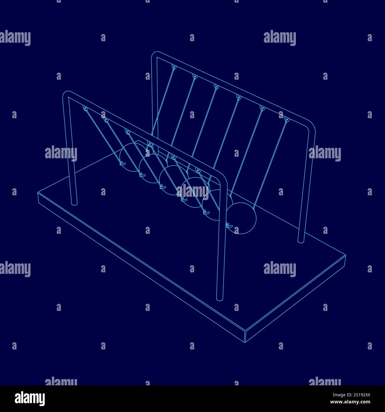 Disegno blu di un pendolo con sfondo blu. Il gruppo di rotazione viene visualizzato in formato 3D, con le catene e le barre delle oscillazioni visibili. La scena lo è Illustrazione Vettoriale
