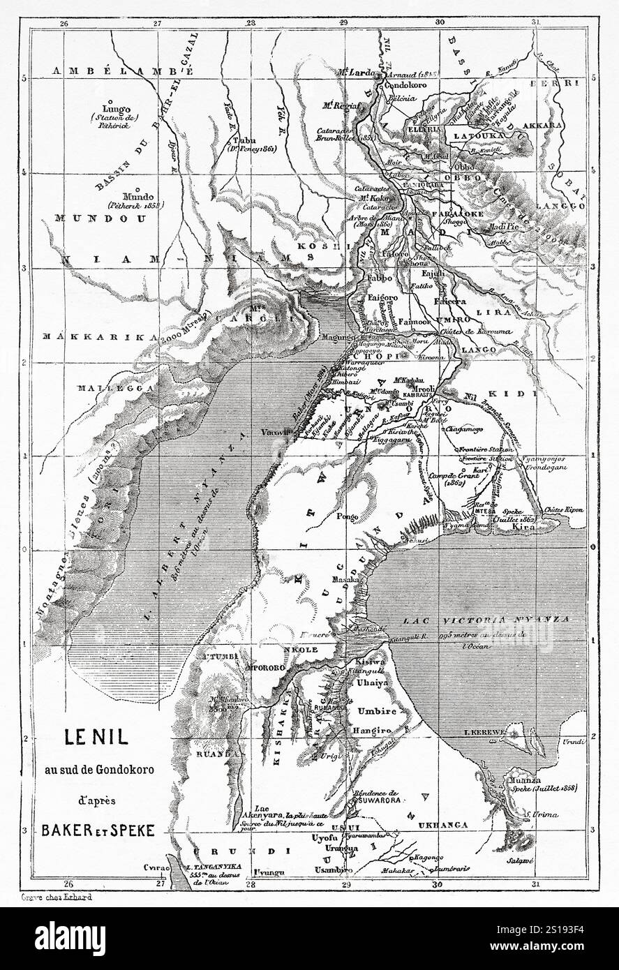 Mappa del Nilo a sud di Gondokoro, redatta da Baker e Speke. Africa orientale. Viaggio al Lago Alberto, 1861-1864 di Samuel White Baker (1821-1893) le Tour du Monde 1867 Foto Stock