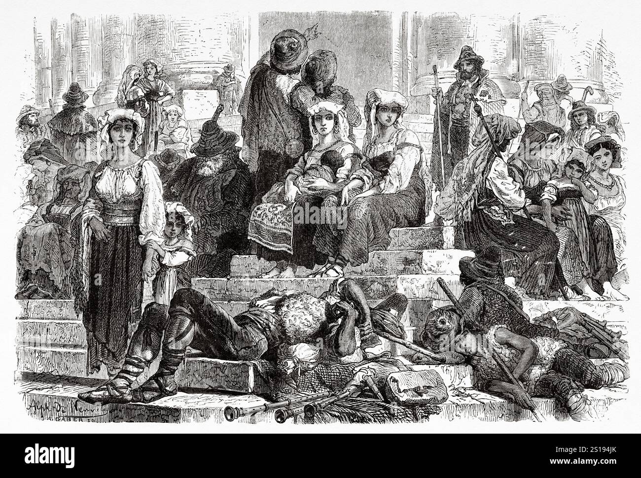 Contadini sui gradini della Basilica di San Pietro, Vaticano. Roma. Italia, disegno di Alphonse de Neuville (1835-1885) settimana Santa a Roma, 1863 di Ludovic Celler (1828-1909) le Tour du Monde 1867 Foto Stock