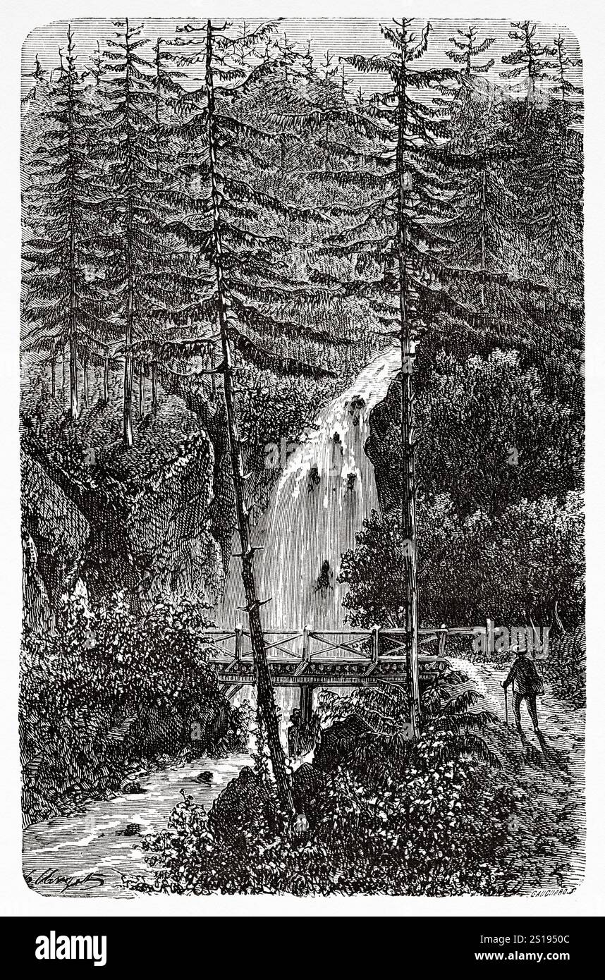 Le Saut de la Cuve è una cascata del massiccio dei Vosgi situata al confine dei comuni di Saint-Amé e le Syndicat. Dipartimento dei Vosgi, regione Grand Est. Francia, disegno di Hubert Clerget (1818-1899) Plombières e zone circostanti. Le Tour du Monde 1867 Foto Stock