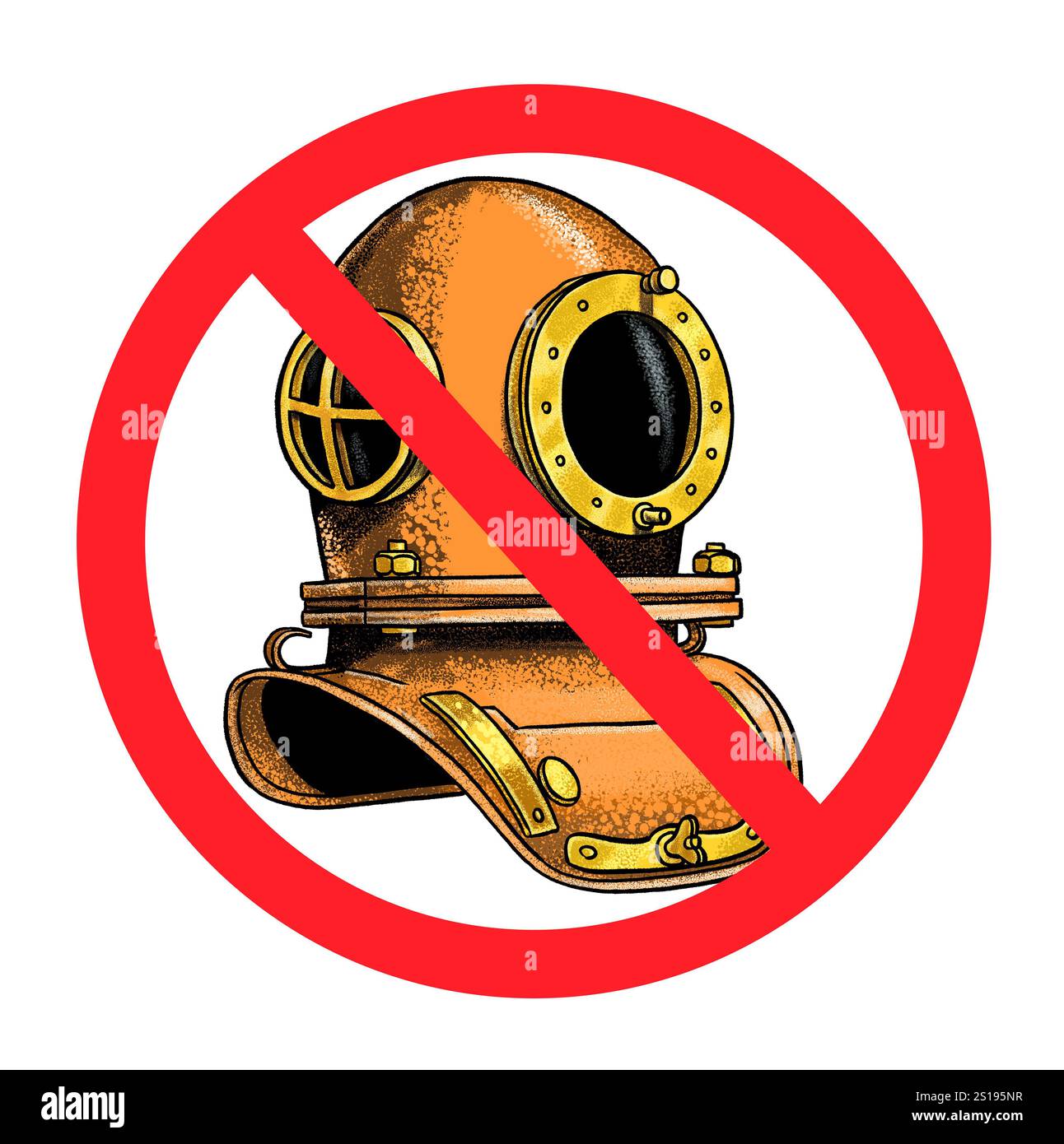 Le immersioni sono vietate. Disegno fatto a mano con un costume da immersione d'atmosfera. Illustrazione stilizzata con costume nautico retrò. Foto Stock