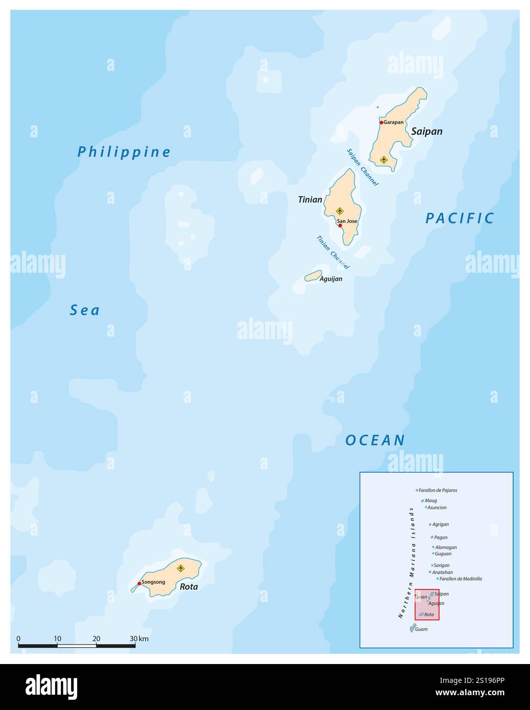 mappa delle isole Saipan, Tinian, Rota, Isole Marianne Settentrionali Foto Stock