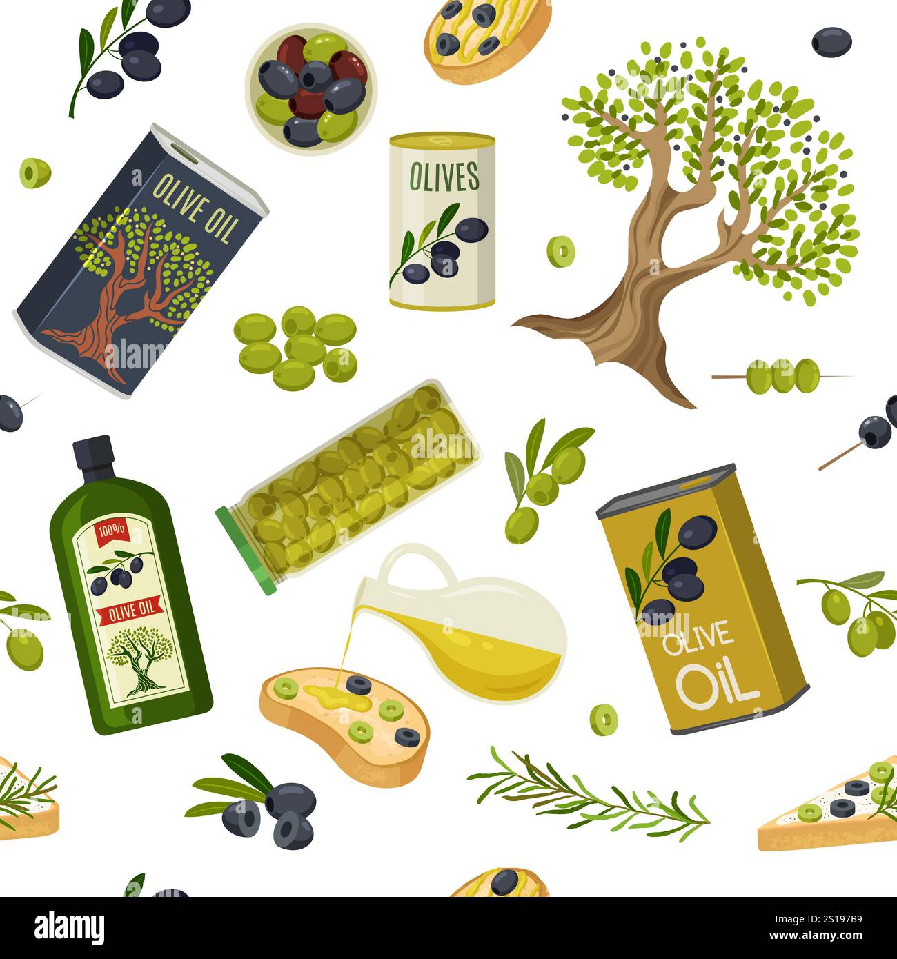 motivo verde oliva. prodotti naturali con sfondo senza olio Illustrazione Vettoriale