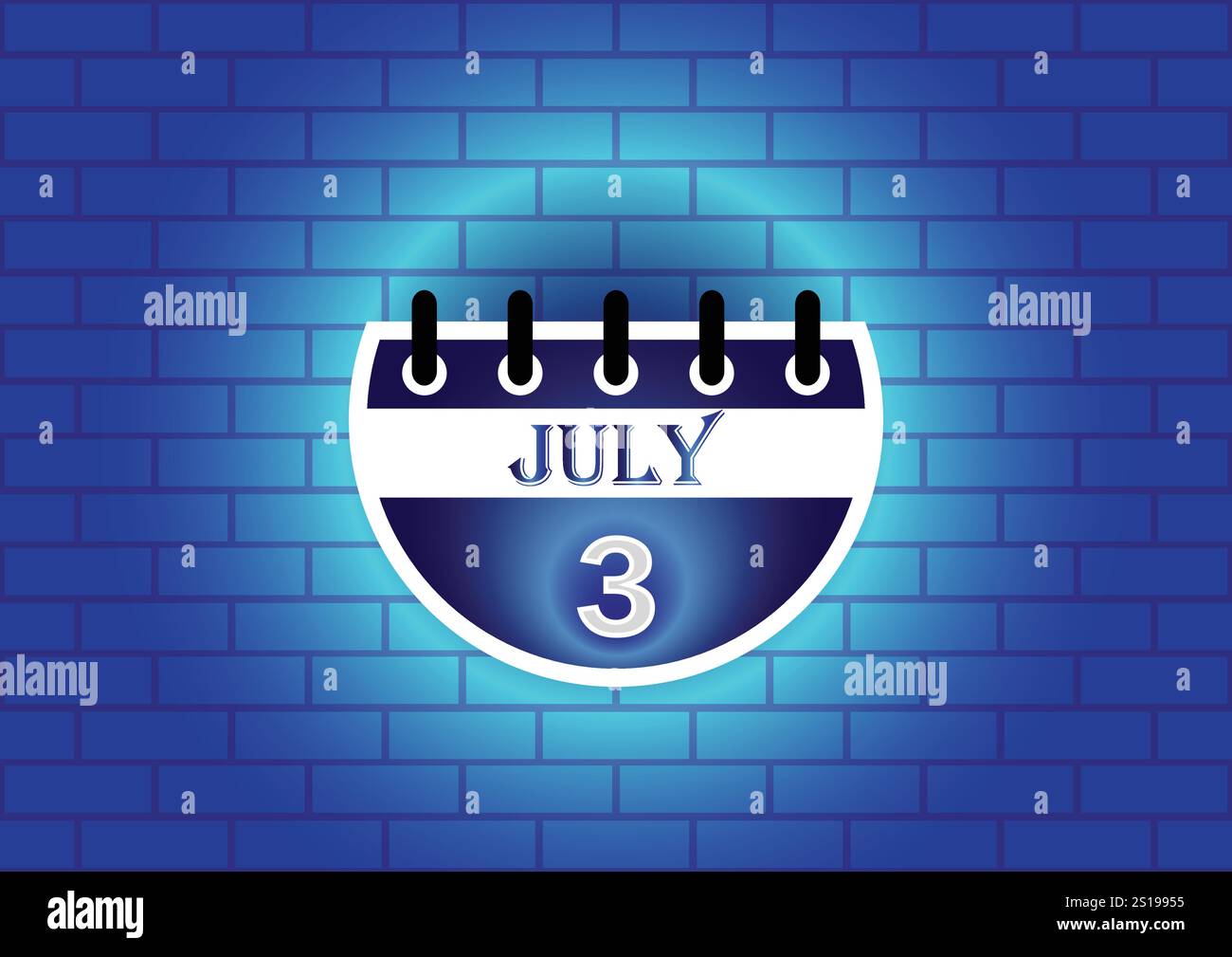 Una pagina di calendario stilizzata che mostra il 3 luglio, evidenziata contro un muro di mattoni blu. Il design è pulito e moderno, adatto a vari usi. Illustrazione Vettoriale