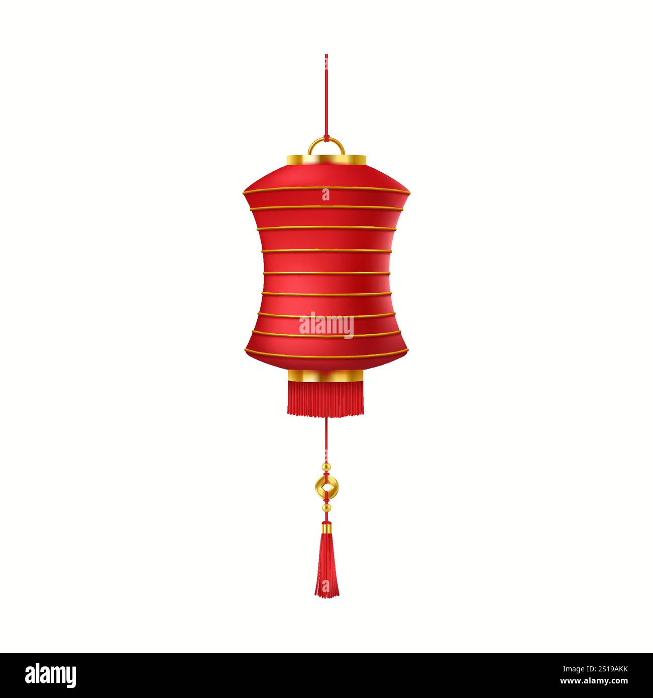 Festosa lanterna di carta asiatica con ornamento dorato realistica illustrazione vettoriale. Atmosfera natalizia di Capodanno con lampada orientale oggetto 3d su bianco Illustrazione Vettoriale