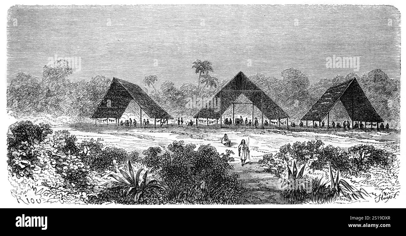 Yine Village of Communal Huts o rifugi gli Yine sono un popolo indigeno del Perù che vive lungo il fiume Urubamba nelle regioni di Cusco, Loreta e Ucayali. Sono anche conosciuti come Chontaquiro, Contaquiro, Pira, Piro, Pirro, Simiranch o Simirinche. Illustrazione o incisione vintage o storica 1864 Foto Stock