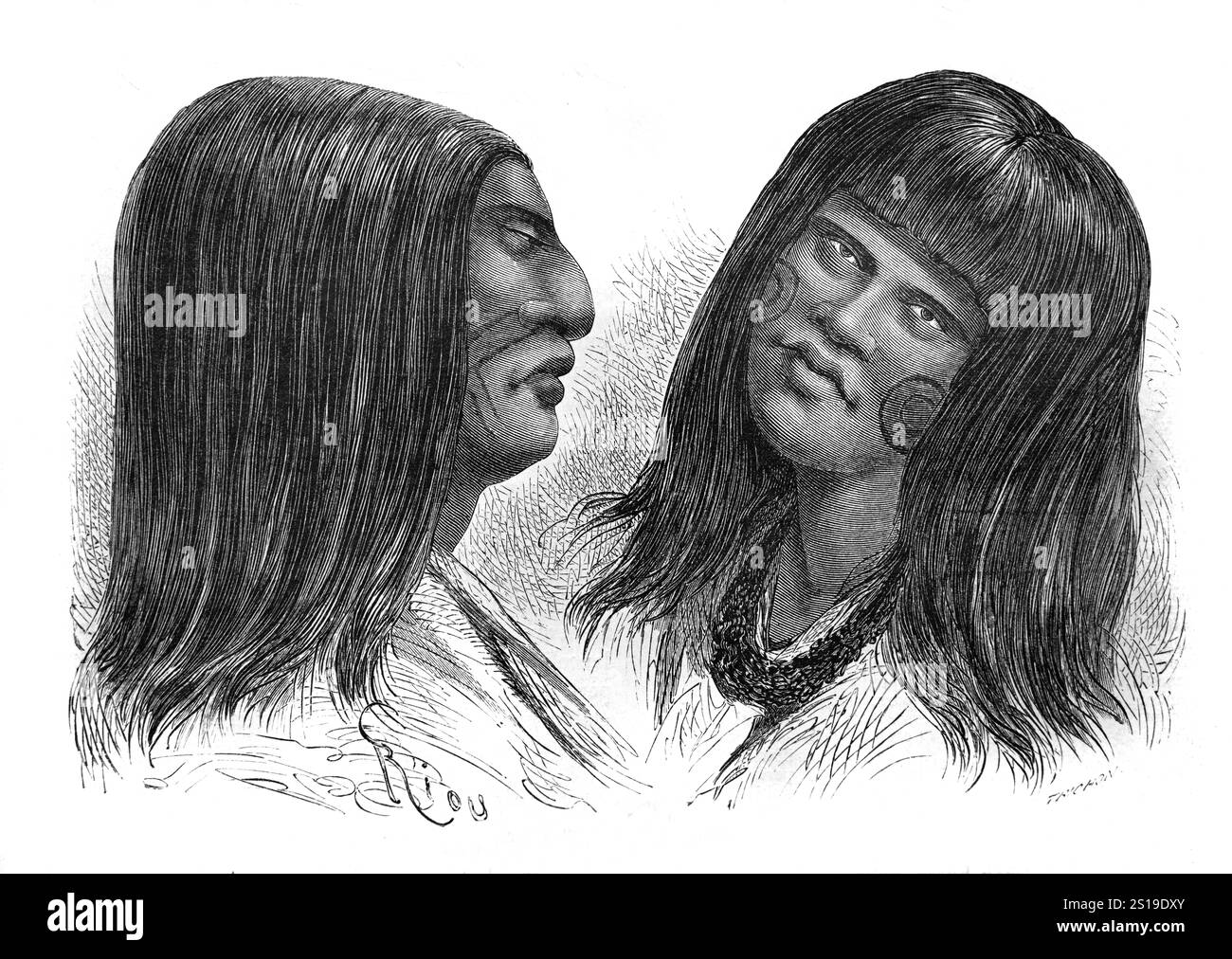 Ritratto o ritratti di indiani Yine o gruppo etnico. Gli Yine sono un popolo indigeno del Perù che vive lungo il fiume Urubamba nelle regioni di Cusco, Loreta e Ucayali. Sono anche conosciuti come Chontaquiro, Contaquiro, Pira, Piro, Pirro, Simiranch o Simirinche. Illustrazione o incisione vintage o storica 1864 Foto Stock