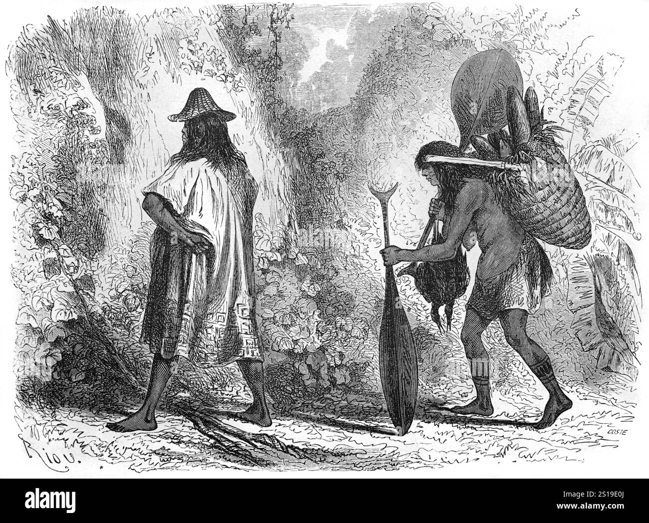 Shipibo-Conibo coppia o uomo e moglie con donna che trasporta carico e segue l'uomo. Gli Shipibo-Conibo sono un popolo indigeno del Perù che vive lungo il fiume Ucayali nella foresta pluviale amazzonica del Perù in Sud America. Illustrazione o incisione vintage o storica 1864 Foto Stock