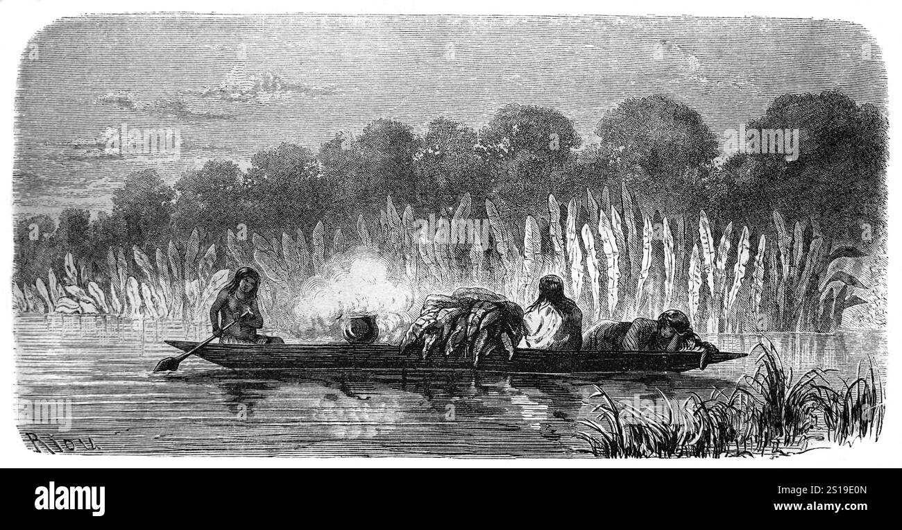 Famiglia Shipibo-Conibo che viaggia in canoa lungo il fiume Ucayali. Gli Shipibo-Conibo sono un popolo indigeno del Perù che vive lungo il fiume Ucayali nella foresta pluviale amazzonica del Perù in Sud America. Illustrazione o incisione vintage o storica 1864 Foto Stock