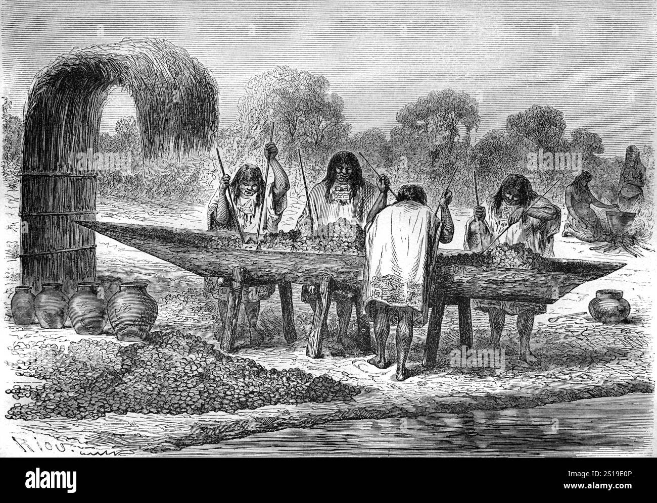 Shiibo-Conibo persone che schiacciano o schiacciano uova di tartaruga o tartaruga per fare l'olio. Gli Shipibo-Conibo sono un popolo indigeno del Perù che vive lungo il fiume Ucayali nella foresta pluviale amazzonica del Perù in Sud America. Illustrazione o incisione vintage o storica 1864 Foto Stock