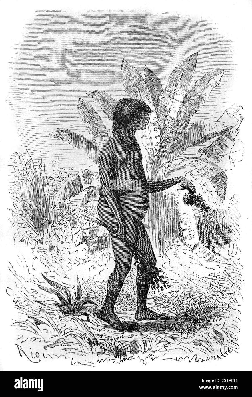 Shipibo-Conibo è un popolo indigeno del Perù che vive lungo il fiume Ucayali nella foresta pluviale amazzonica del Perù in Sud America. Illustrazione o incisione vintage o storica 1864 Foto Stock