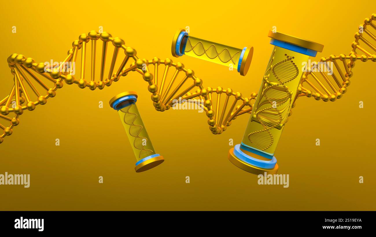 Modelli di elica del DNA, sfondo giallo dorato, provette con filamenti di dna, ricerca genetica, struttura molecolare, biotecnologia, illuminazione gradiente, galleggiante Foto Stock