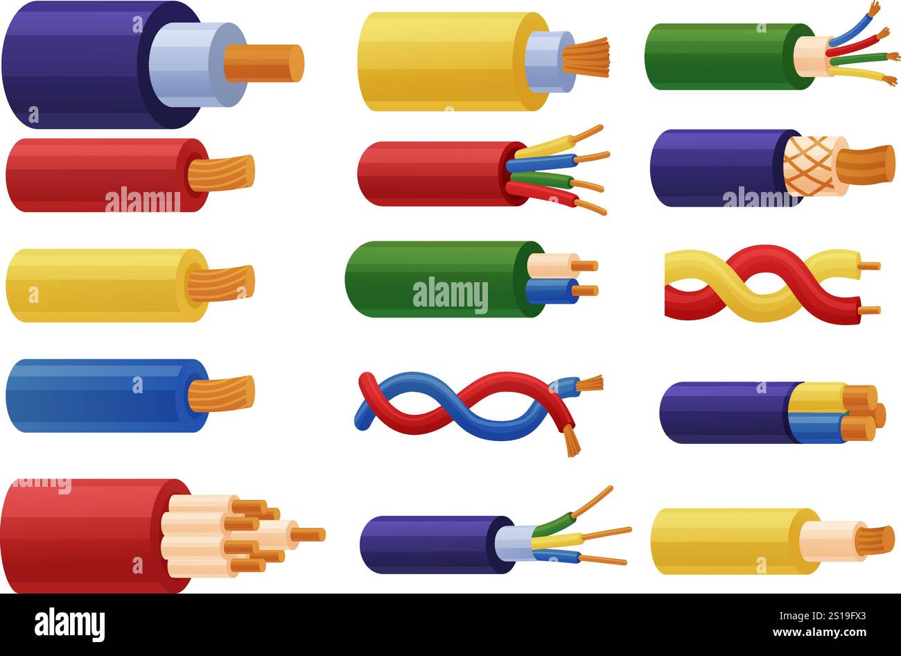 Fili di rame per cartoni animati. Cavi elettrici in gomma colorata avvolgimento flessibile. Filo elettrico per la riparazione, apparecchiature elettriche vettoriali Illustrazione Vettoriale