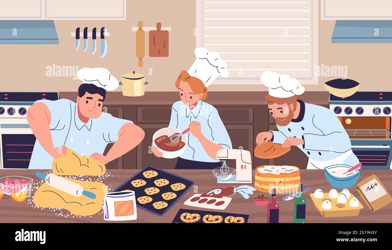 Cucina a base di dolciumi. Pasticcere cuoco in uniforme per preparare torta di compleanno o di matrimonio, pasticceria professionale che decora il processo di cottura, illustrazione vettoriale di classe, grafica originale Illustrazione Vettoriale