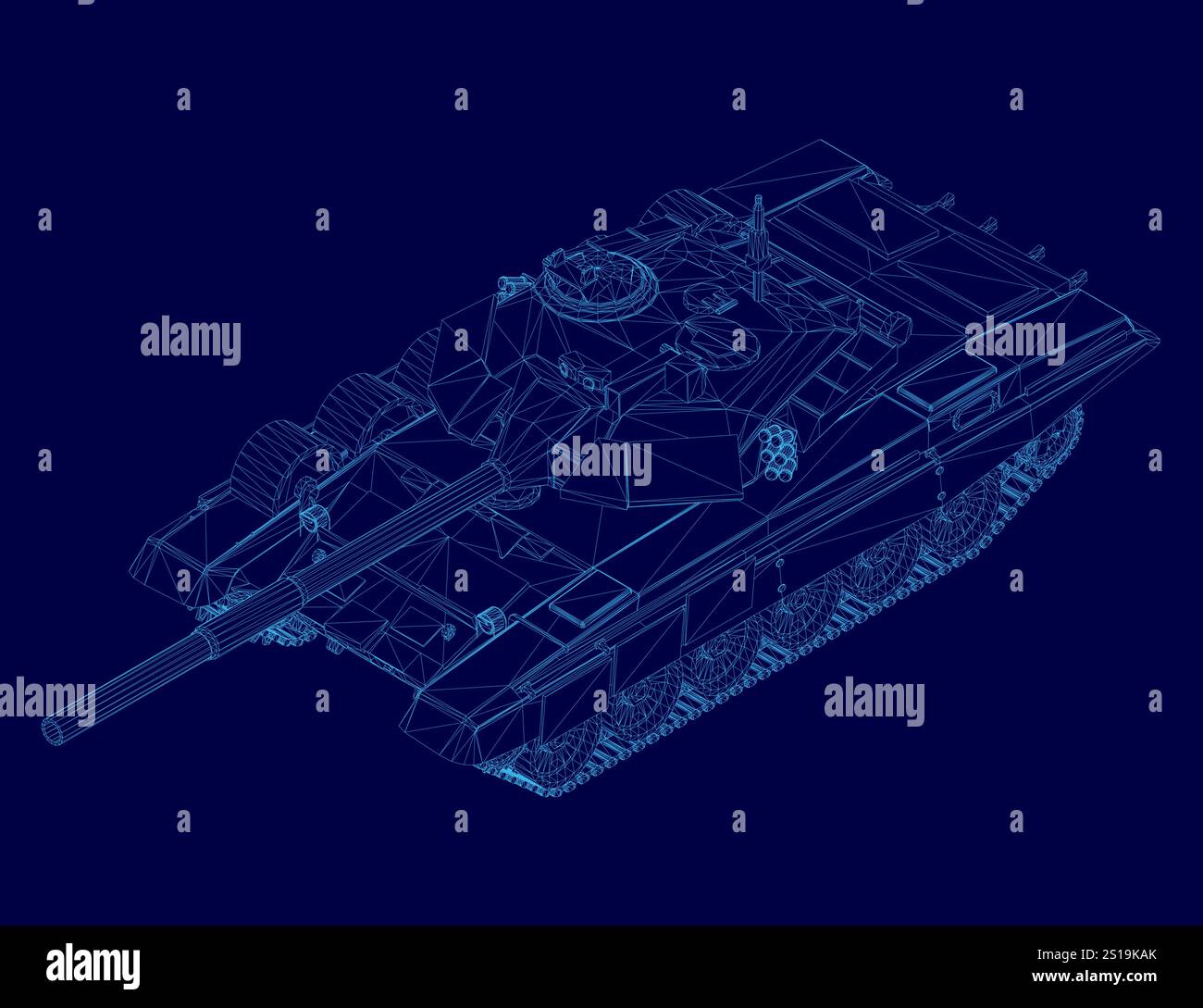 Struttura a reticolo serbatoio blu. Il carro armato è un veicolo militare, progettato per il combattimento e la protezione. E' una macchina grande e potente, capace di grande distruzione Illustrazione Vettoriale