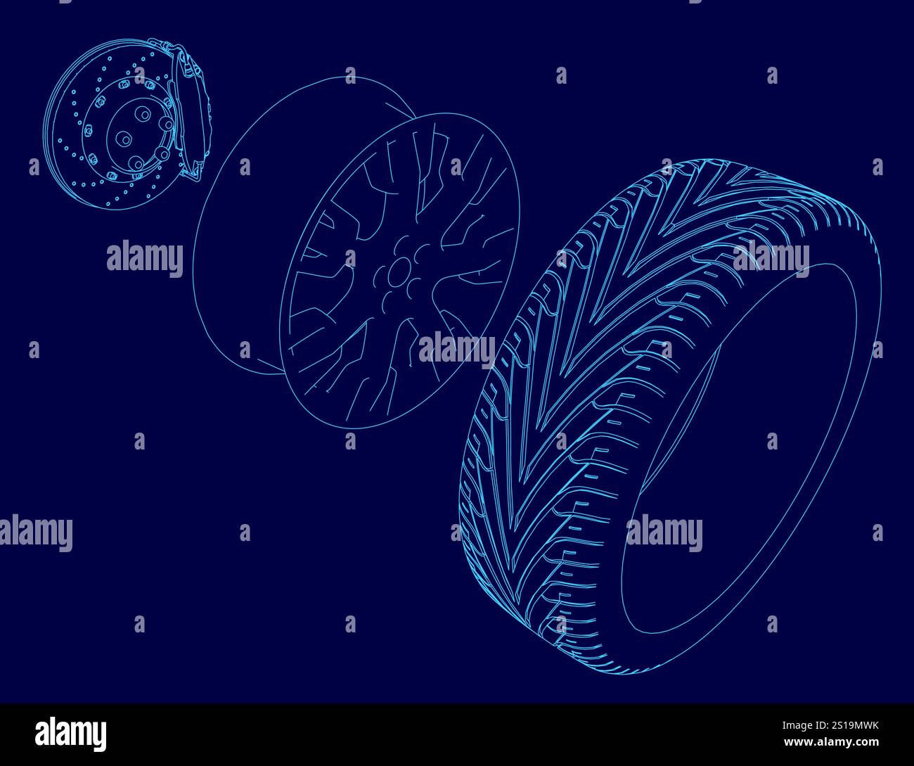Primo piano di uno pneumatico con un mozzo e una ruota. Lo pneumatico è blu e anche il mozzo e la ruota sono blu Illustrazione Vettoriale