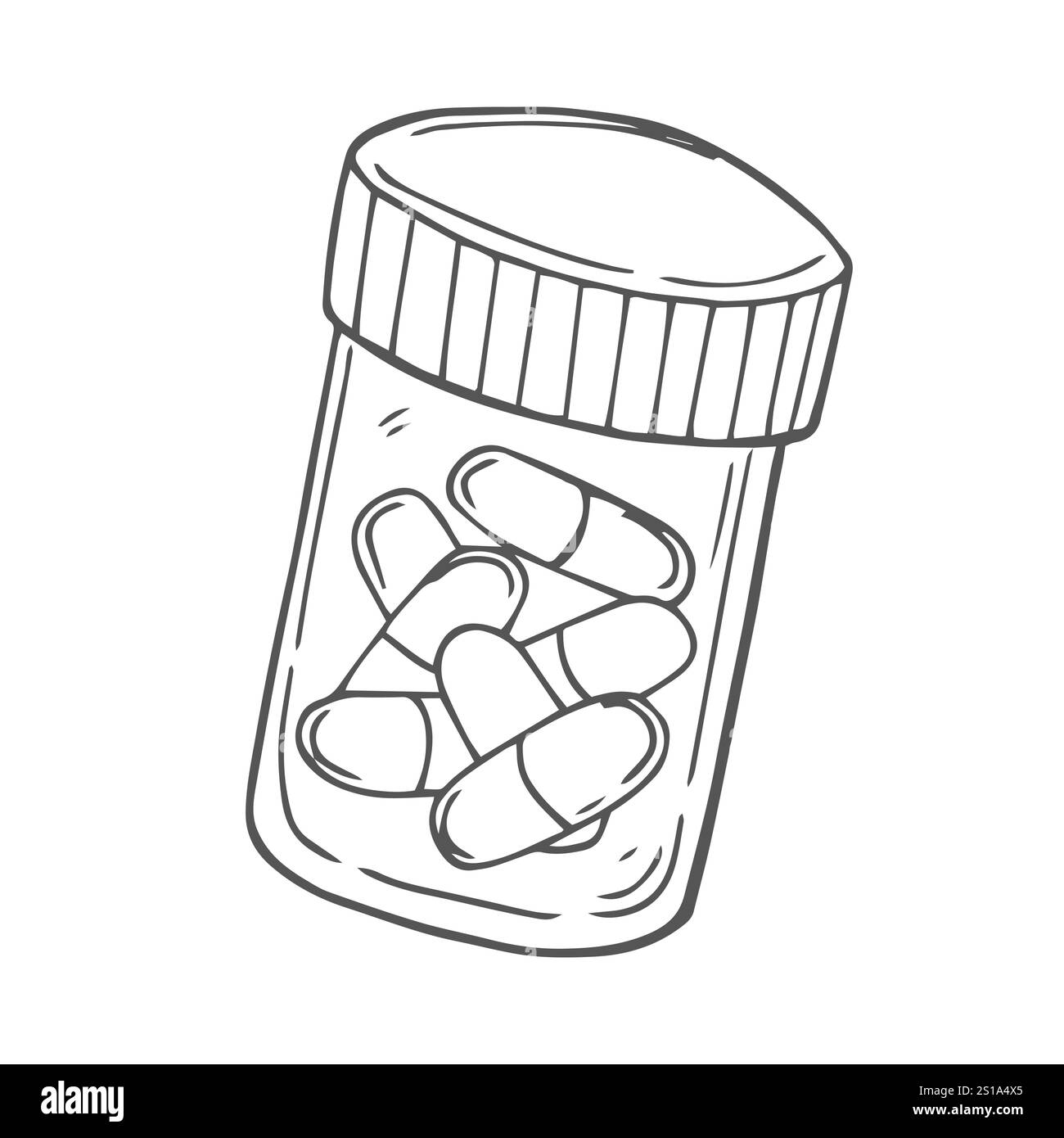 Pillole medicinali, compressa, capsula e flacone isolati su sfondo bianco. Schizzo del cartone animato pillole Illustrazione Vettoriale