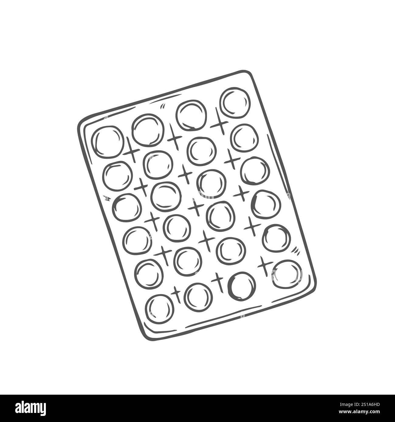Blister con pillole. Illustrazione vettoriale. Schizzo. Contorno su sfondo isolato. Stile doodle. Forma farmaceutica per il trattamento della malattia. Medica Illustrazione Vettoriale