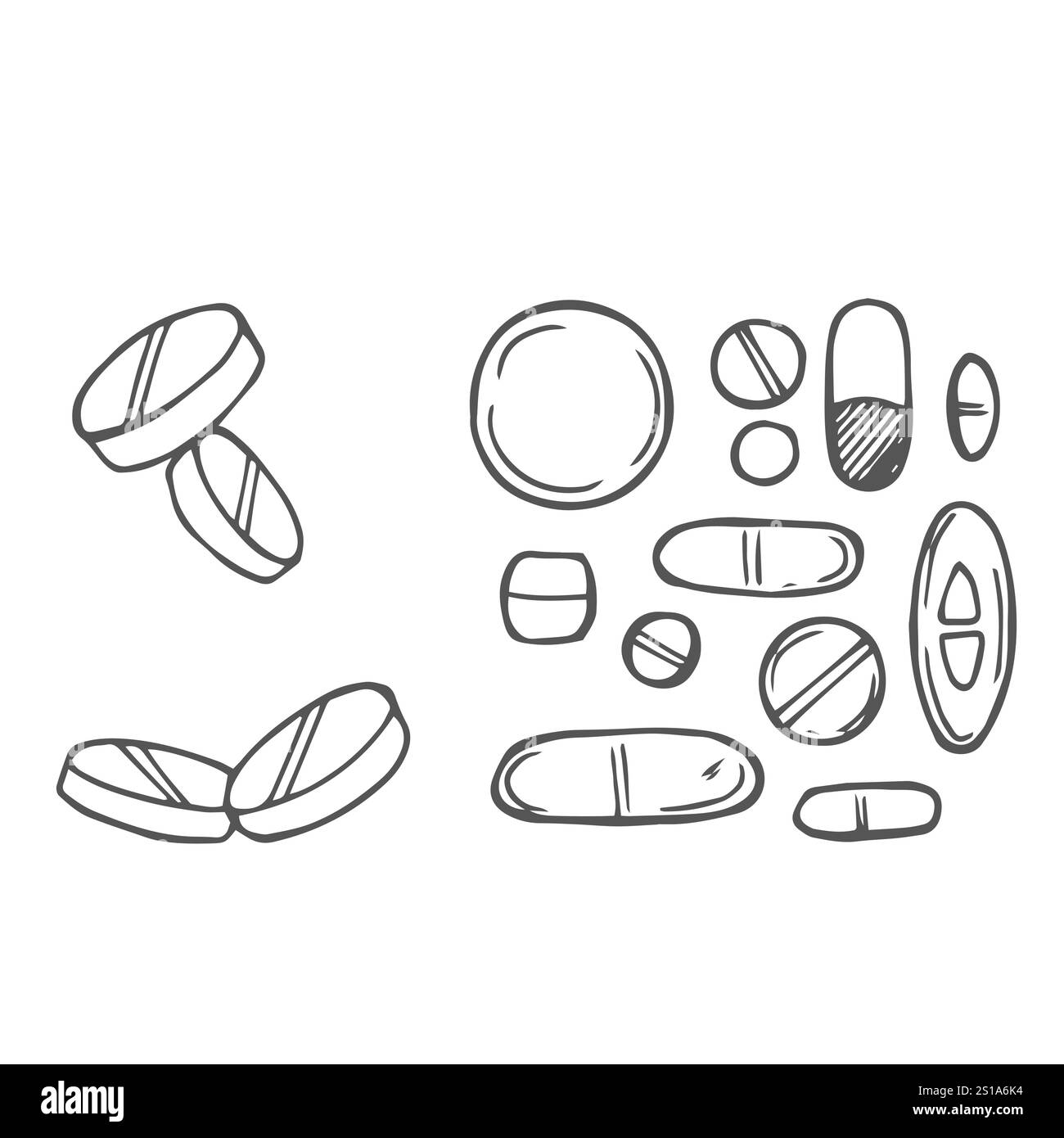 Pillole da schizzo. Capsule, pillole e compresse in blister. Disegnato a mano medico Illustrazione Vettoriale