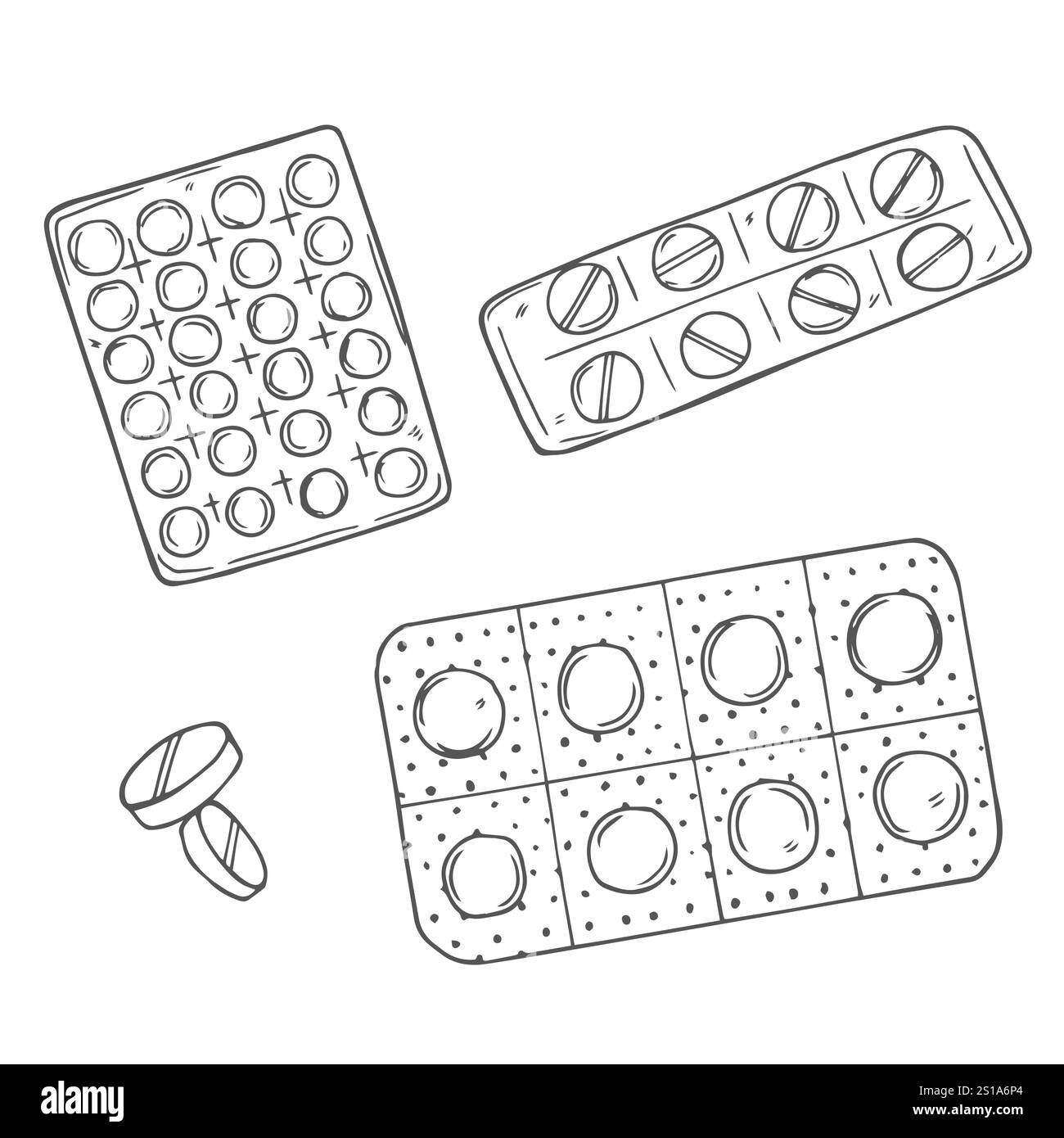 Illustrazione dello schizzo della blister delle pillole. Prodotto in farmacia. Scarabocchio nero di compresse rotonde e capsula. Illustrazione Vettoriale