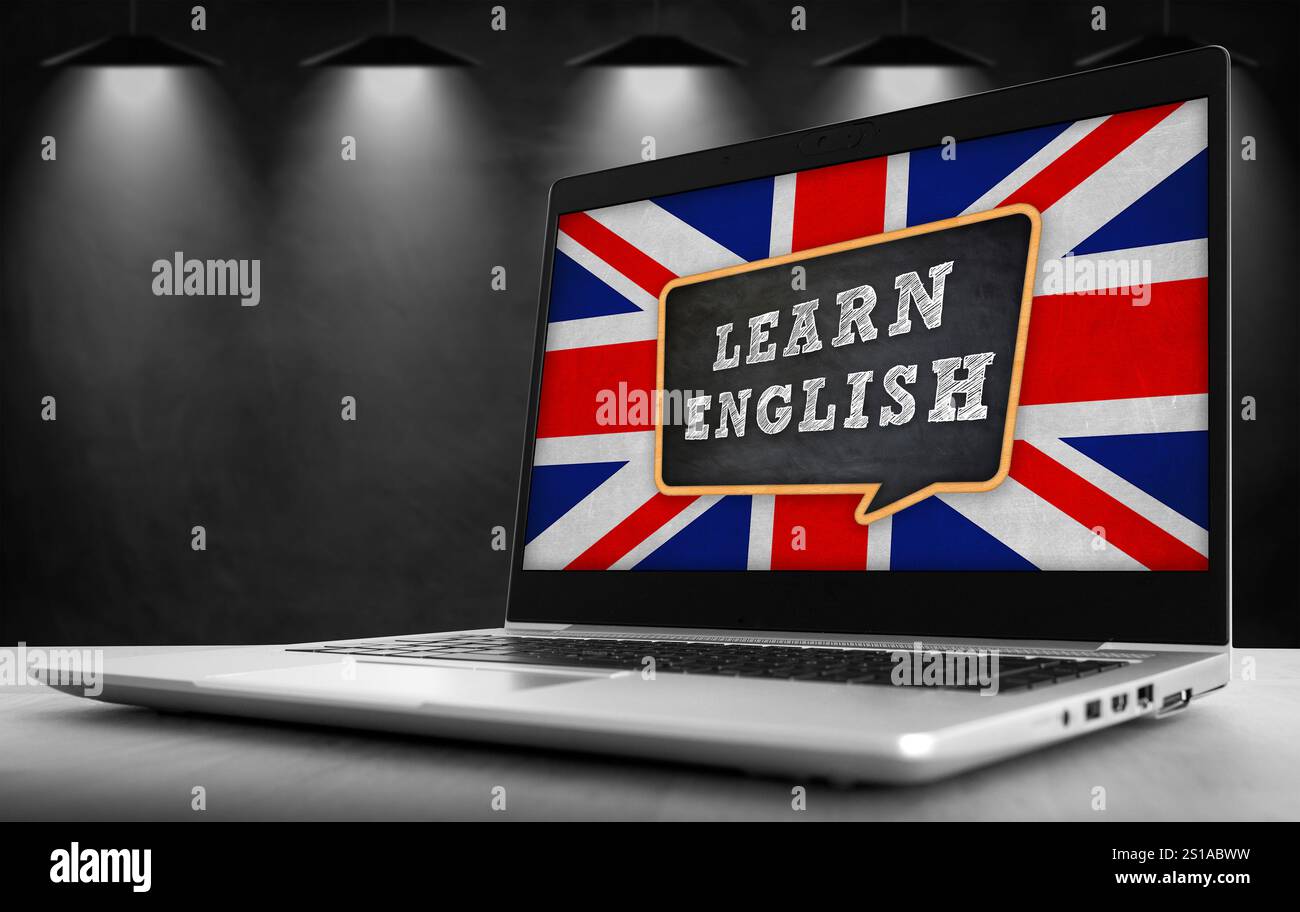 Imparare la lingua inglese - slogan scritto sul portatile Foto Stock