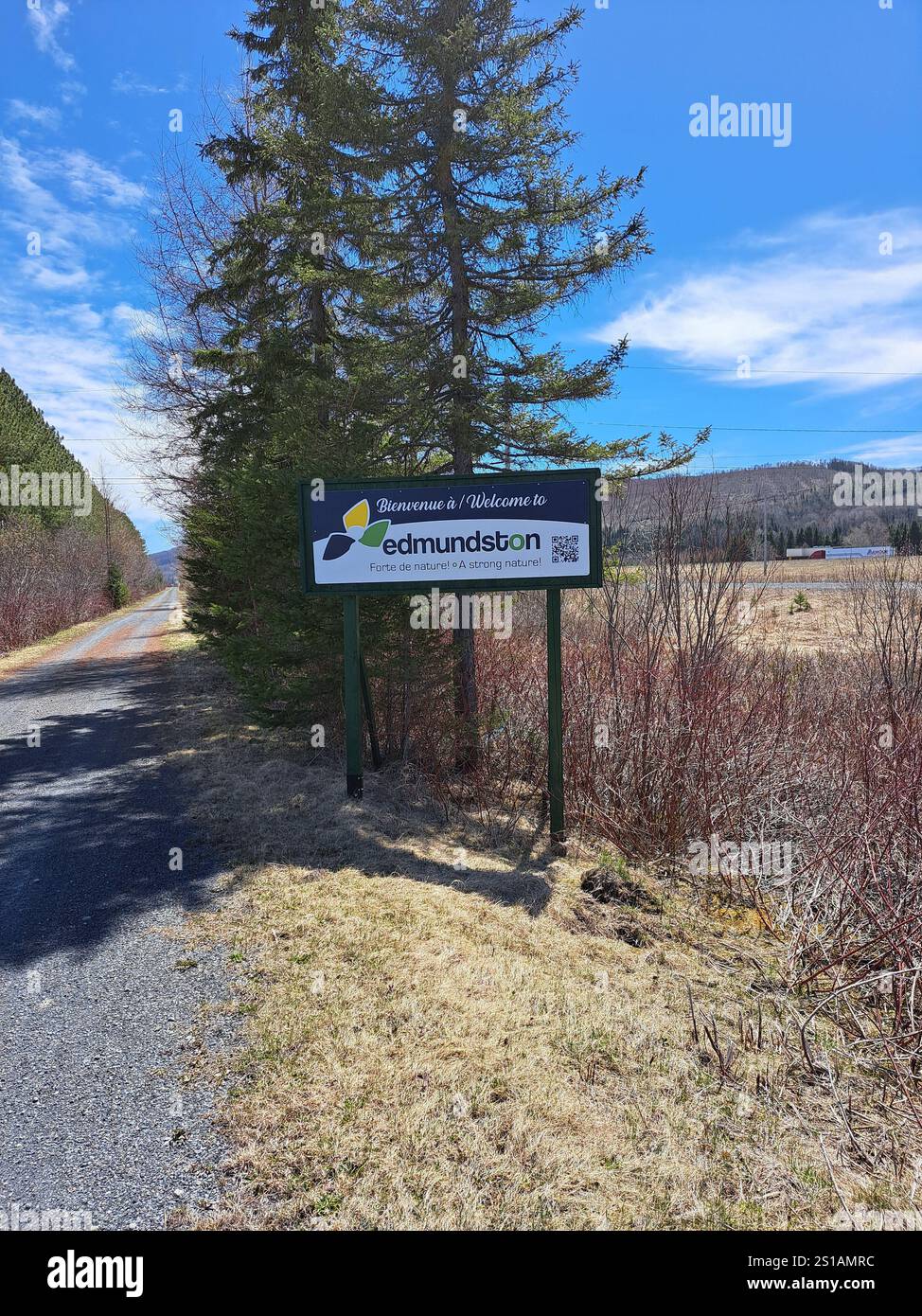 Benvenuto all'insegna di Edmunston su Airport Road a New Brunswick, Canada Foto Stock