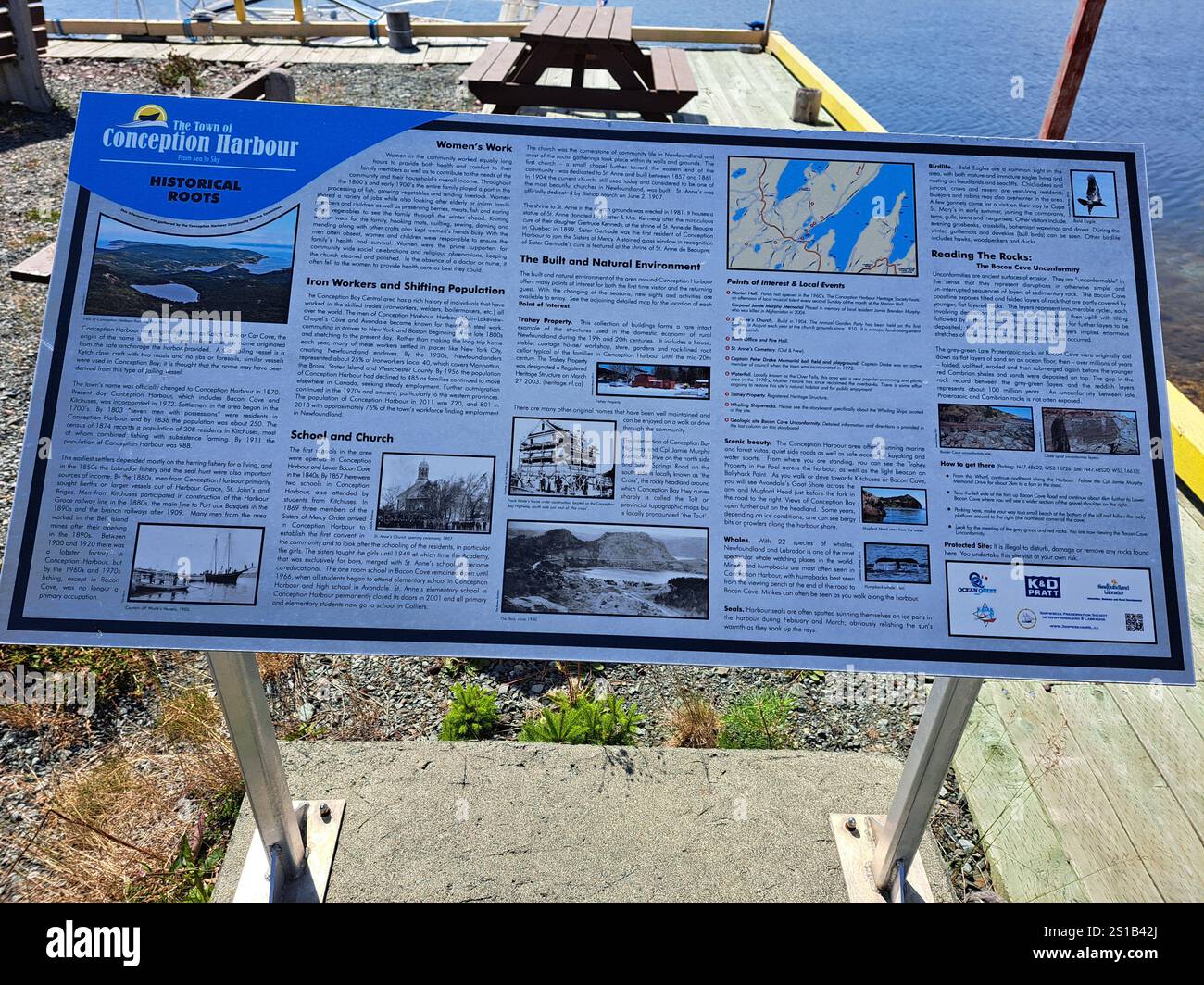 Cartello informativo sui relitti e la storia di Conception Harbour, Terranova e Labrador, Canada Foto Stock