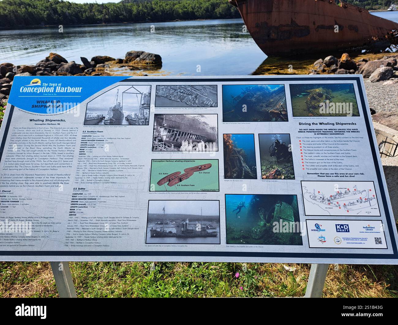 Cartello informativo sui relitti e la storia di Conception Harbour, Terranova e Labrador, Canada Foto Stock