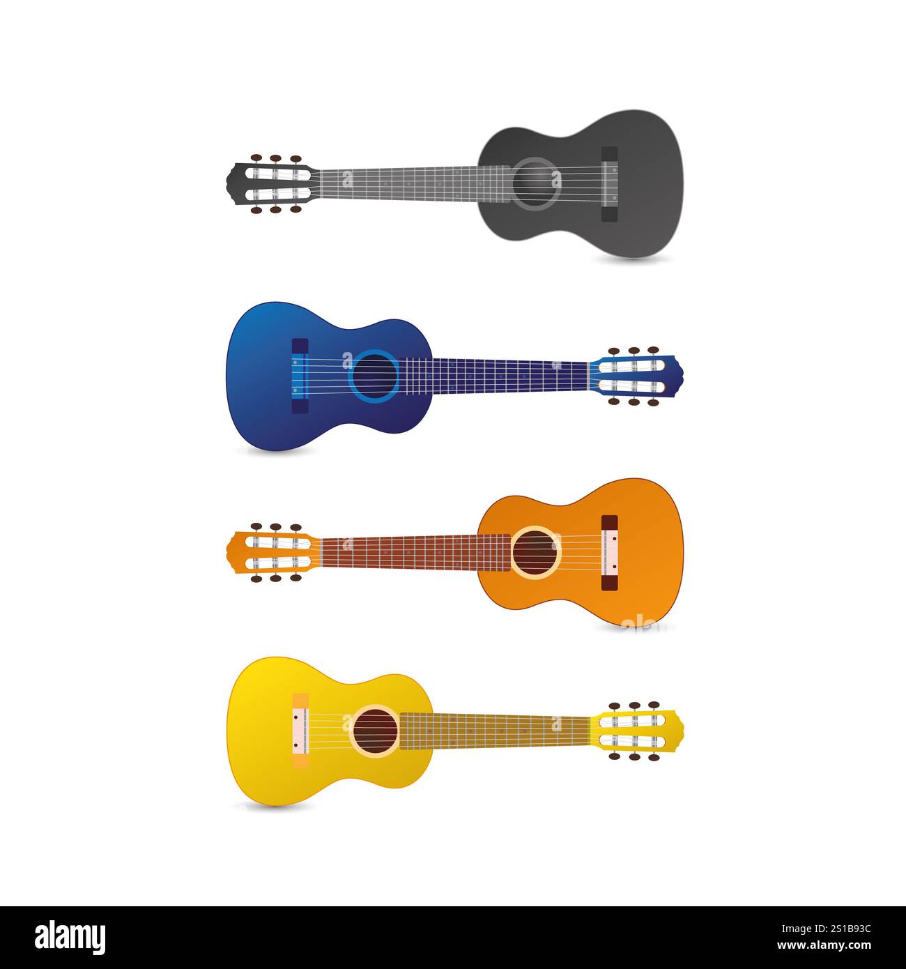 Ukulele, elegante illustrazione piatta di 4 piccole chitarre ukulele su sfondo bianco realistica in 4 colori. Foto Stock