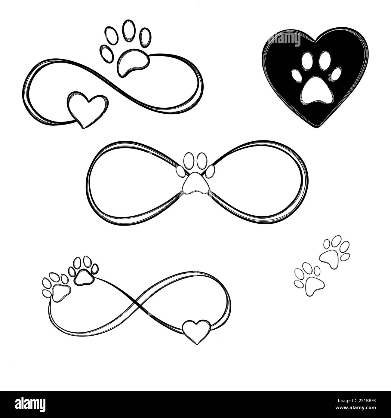 Grande set linea arte illustrazione cura degli animali domestici, footprint cane. Idea del tatuaggio della zampa del cane, impronta del cane Foto Stock