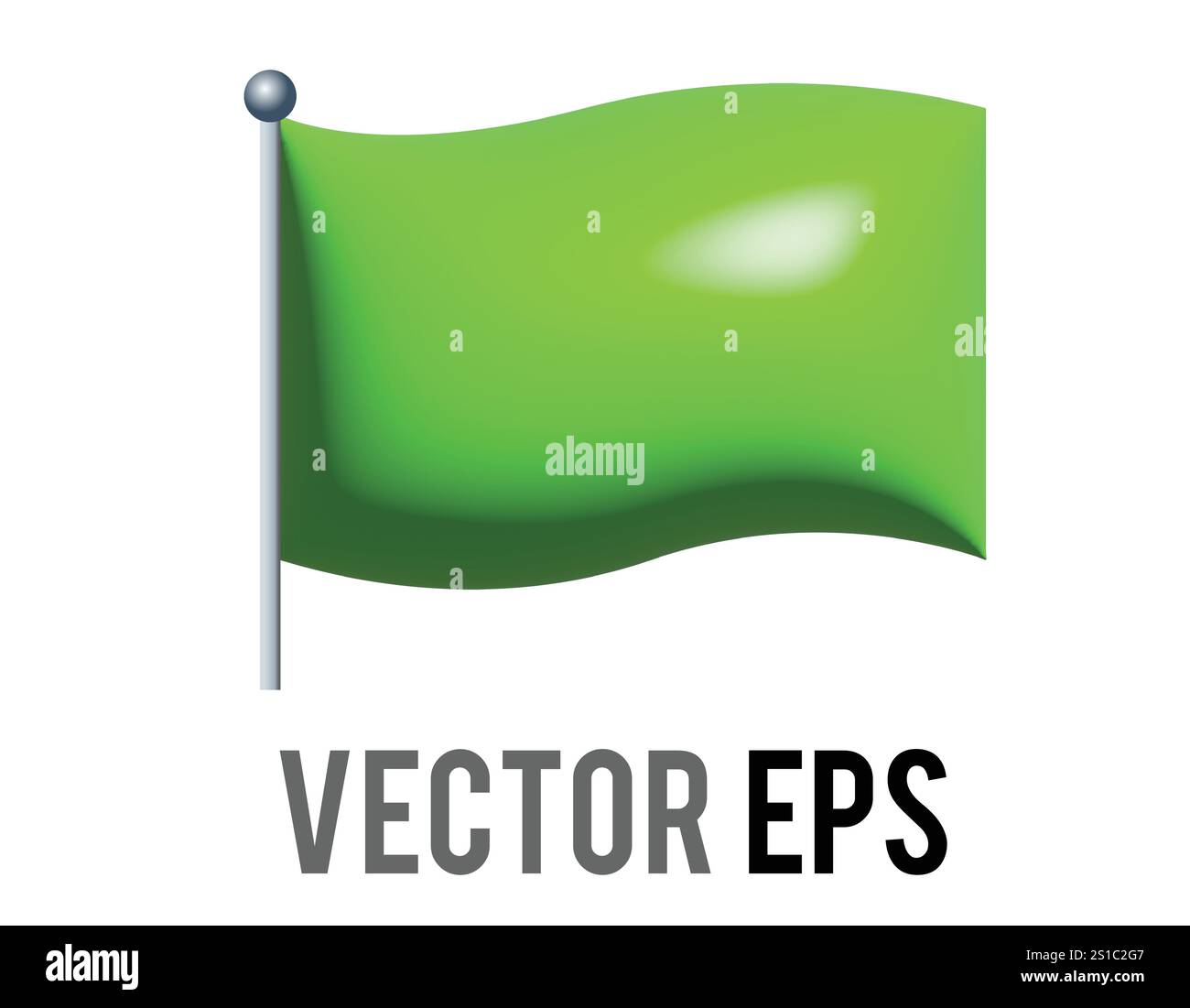 L'icona a bandiera verde rettangolare 3D isolata con asta d'argento. Illustrazione Vettoriale