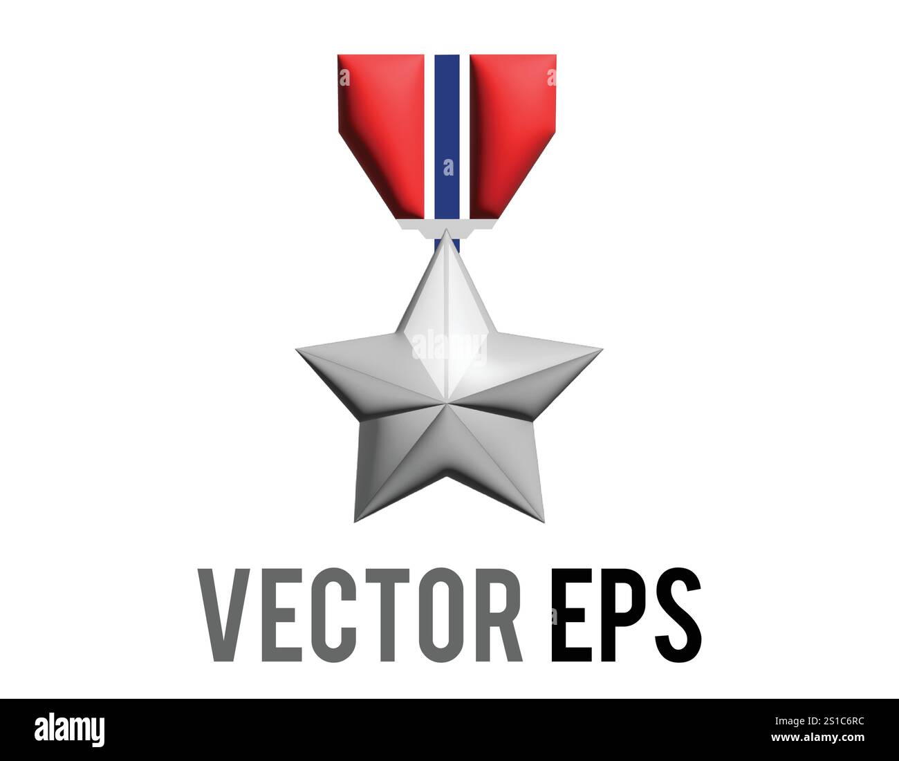 L'icona isolata della stella della medaglia militare d'argento classica in 3D con nastro rosso blu Illustrazione Vettoriale
