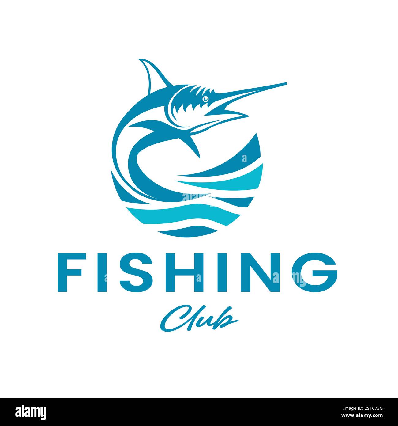 Logo Fishing Club con illustrazione del vettore Marlin Fish and Wave Design Illustrazione Vettoriale