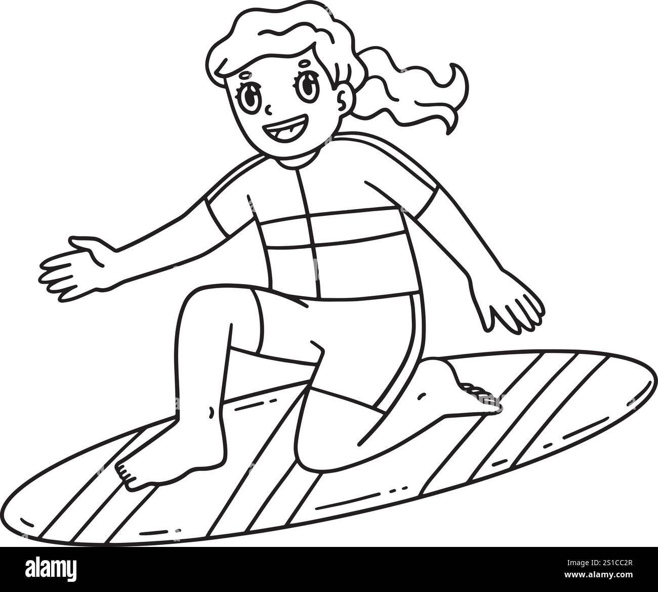 Surf Girl su tavola da surf pronta a stare isolata Illustrazione Vettoriale