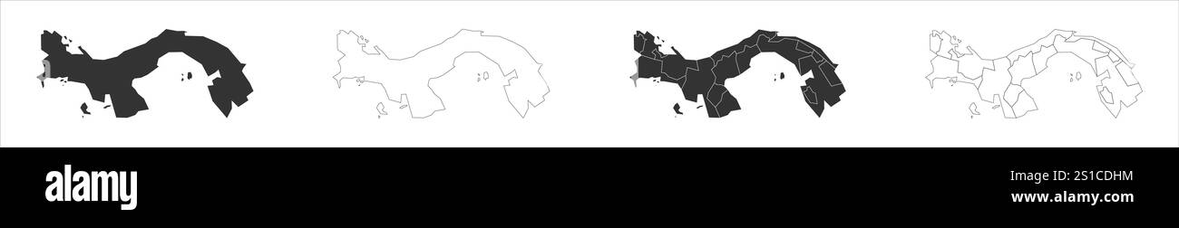 Panama Set di tre mappe: Mappa solida, mappa di contorno e mappa che evidenziano le divisioni amministrative. Tre mappe distinte illustrano varie rappresentazioni di un'area geografica. Illustrazione Vettoriale