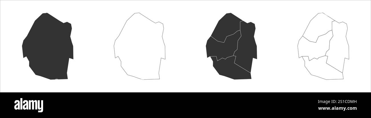 Insieme di tre mappe Eswatini: Mappa solida, mappa di contorno e mappa che evidenziano le divisioni amministrative. Tre mappe distinte illustrano varie rappresentazioni di un'area geografica. Illustrazione Vettoriale