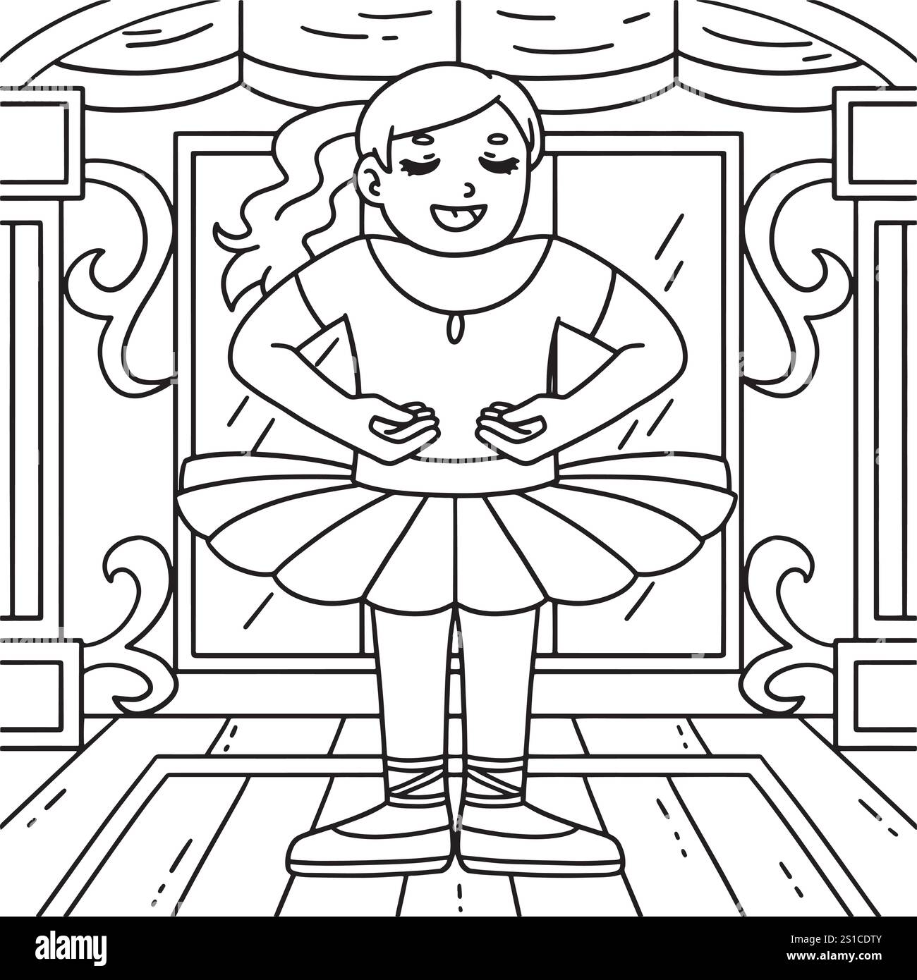 Ballerina in prima posizione pagina da colorare Illustrazione Vettoriale