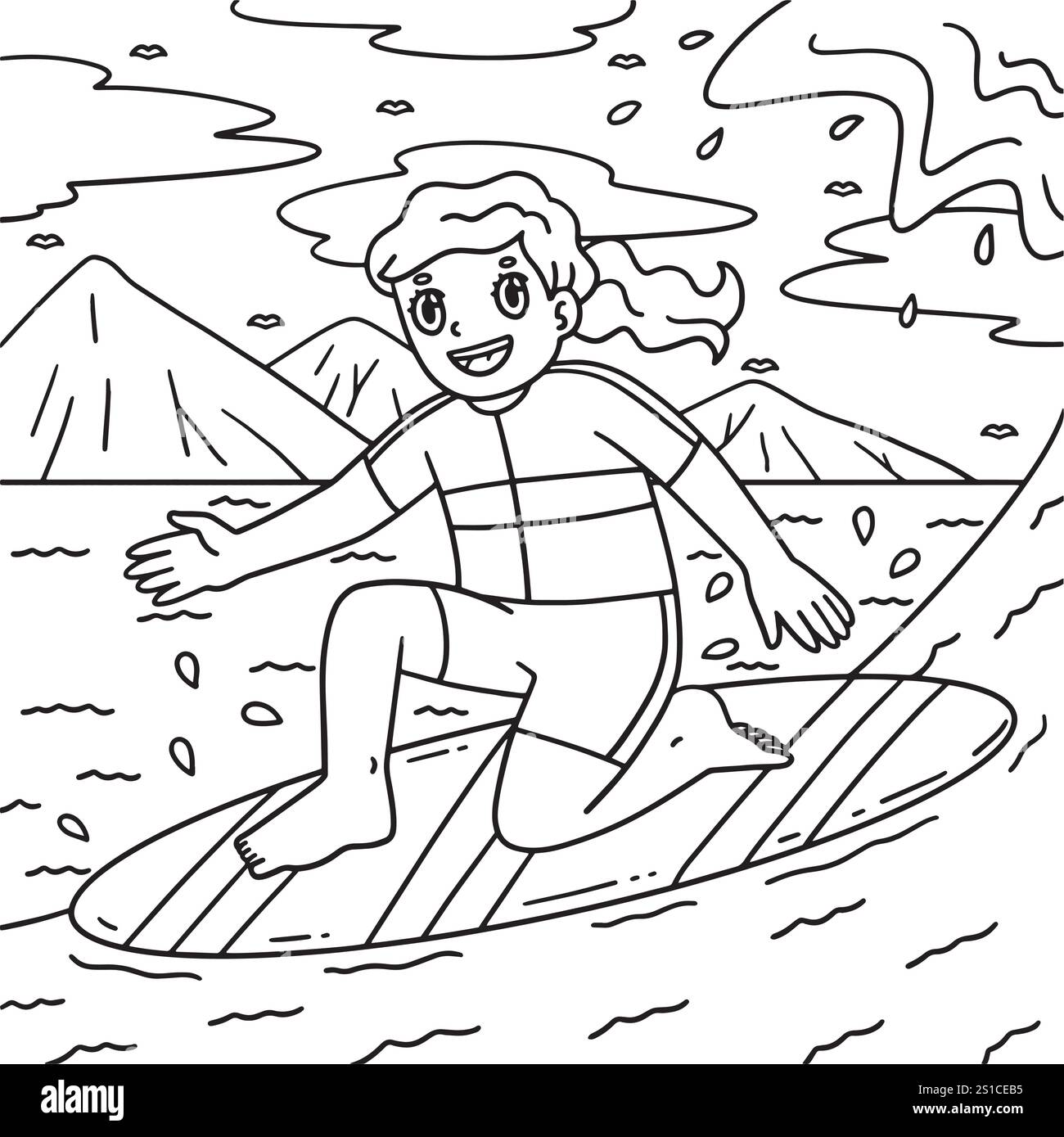 Surf Girl su tavola da surf pronta per essere colorata in piedi Illustrazione Vettoriale