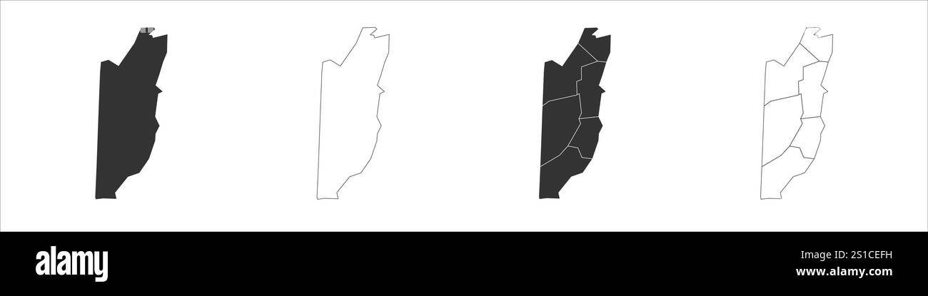 Set di tre mappe del Belize: Mappa solida, mappa di contorno e mappa che evidenziano le divisioni amministrative. Tre mappe distinte illustrano varie rappresentazioni di un'area geografica. Illustrazione Vettoriale