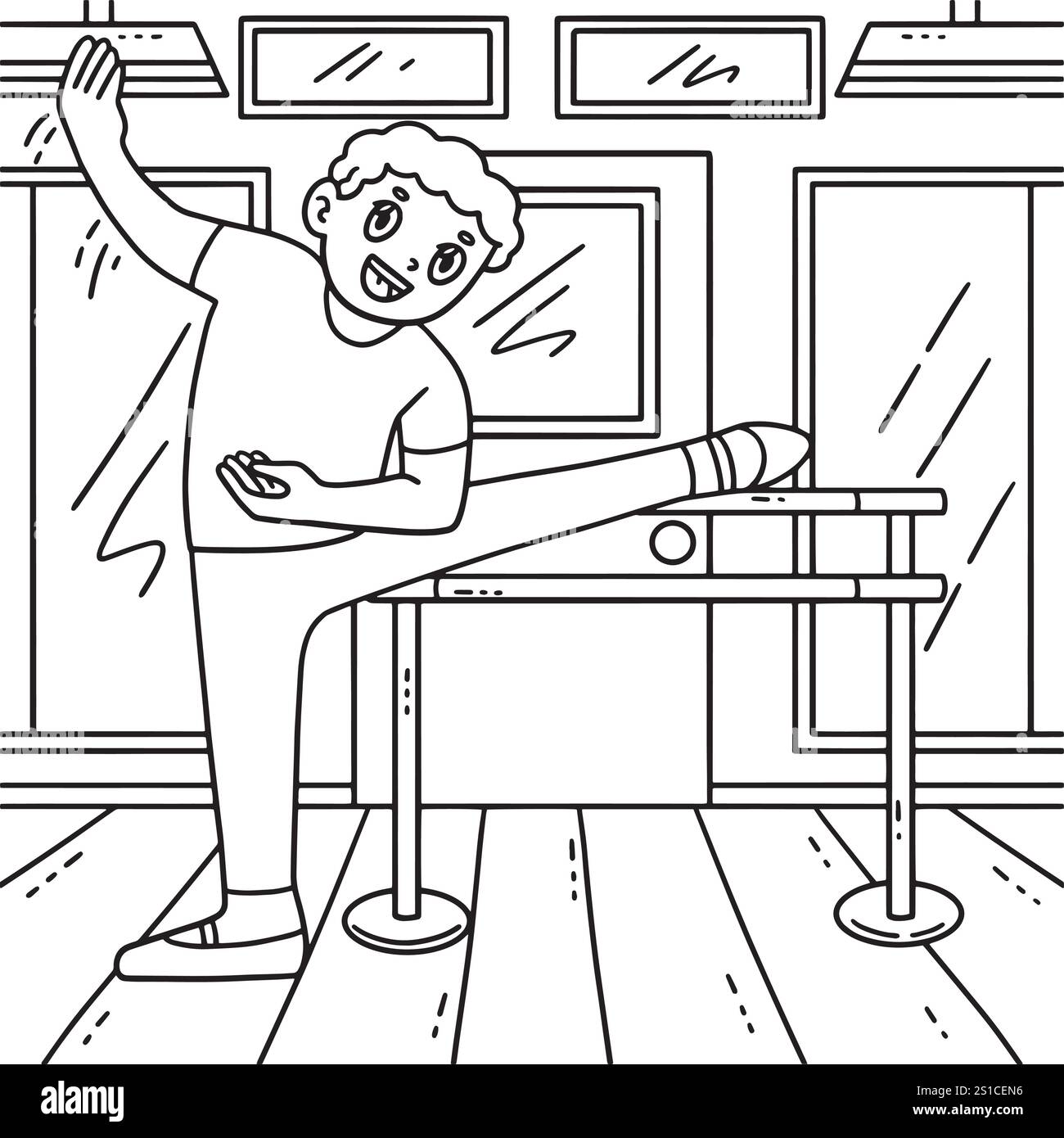 Pagina da colorare Ballet Danseur stretching Ballet Bar Illustrazione Vettoriale