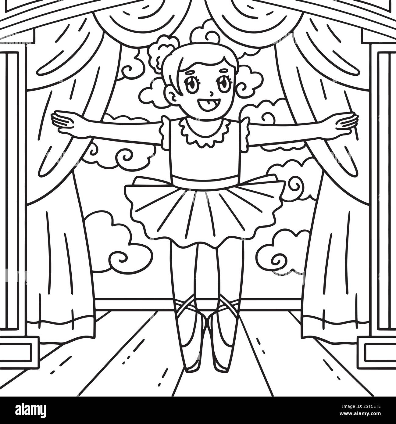 Pagina da colorare ballerina sulle dita dei piedi per bambini Illustrazione Vettoriale