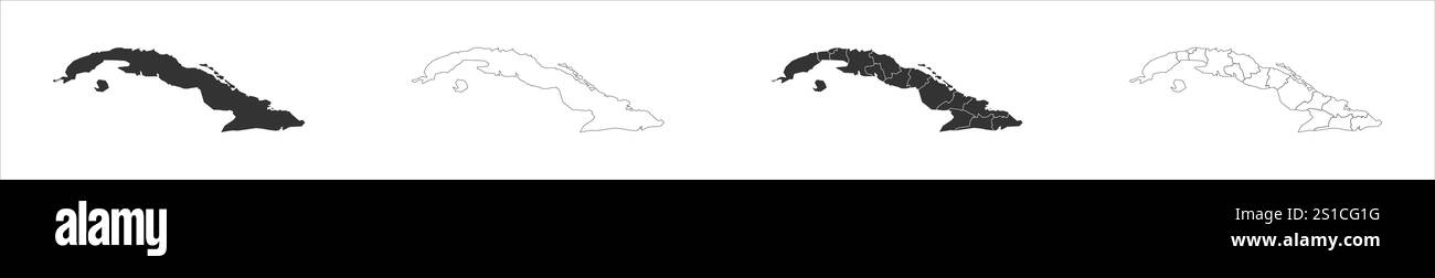 Cuba Set di tre mappe - mappa solida, mappa di contorno e mappa che evidenziano le divisioni amministrative. Tre mappe distinte illustrano varie rappresentazioni di un'area geografica. Illustrazione Vettoriale