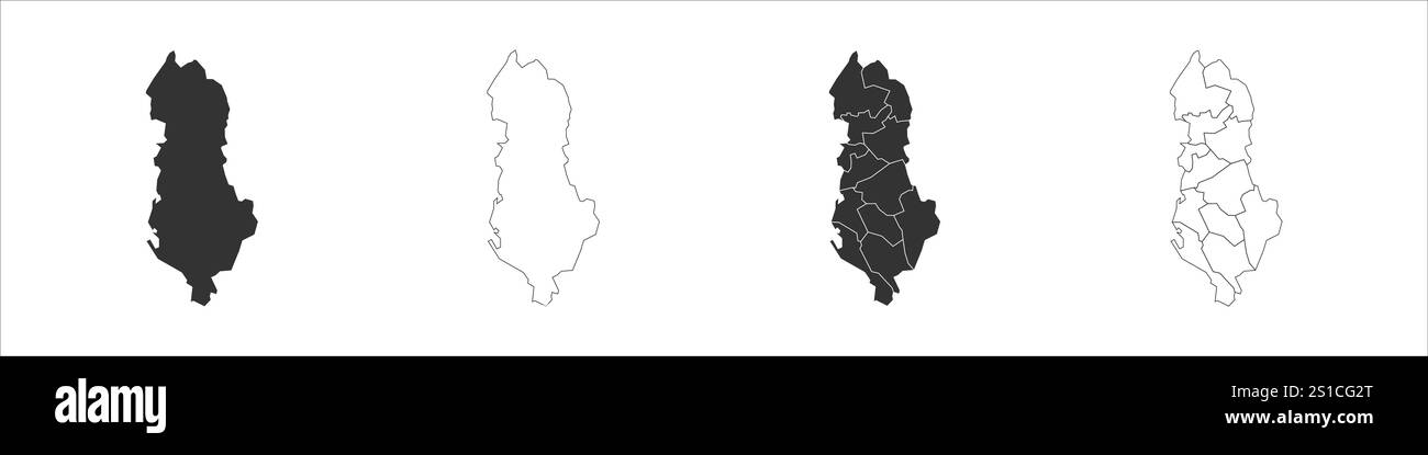 Albania serie di tre mappe - mappa solida, mappa di contorno e mappa che evidenziano le divisioni amministrative. Tre mappe distinte illustrano varie rappresentazioni di un'area geografica. Illustrazione Vettoriale