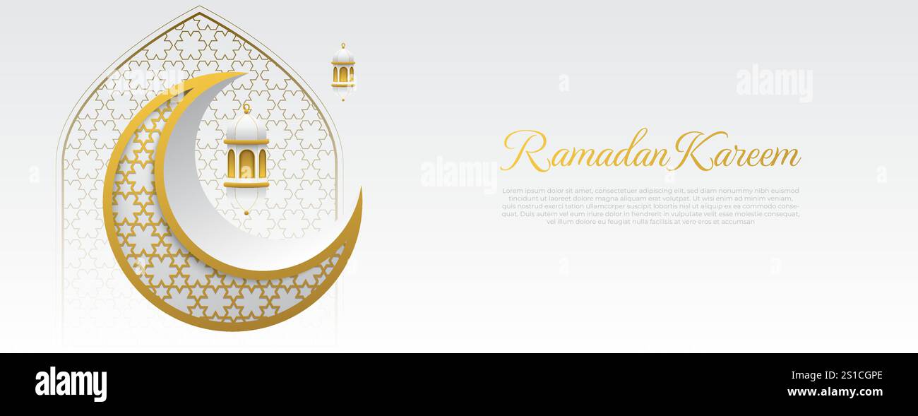 sfondo per striscioni islamici con mezzaluna e lanterna di colore bianco e oro. ottimo per la tessera ramadan kareem, la celebrazione eid mubarak, lo striscione muharram. Illustrazione Vettoriale