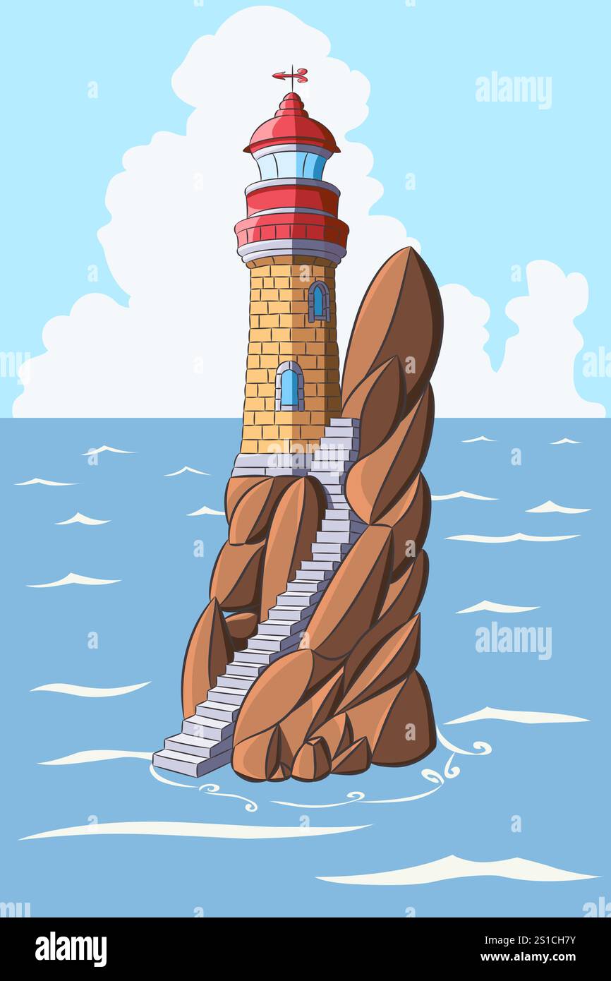 Illustrazione vettoriale del faro costiero sulla scogliera rocciosa Illustrazione Vettoriale